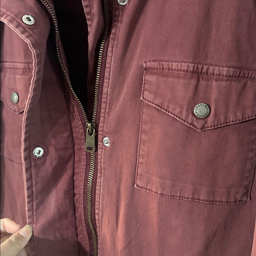 Tinsel Safari‎ Safari Wine Colored Hooded Jacket Full Zip W/ Cinch Waist Size L - Picture 3 of 12